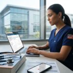 Nurse in scrubs checking Pearson VUE style exam scheduling on a laptop with stethoscope, textbooks and circled calendar dates nearby