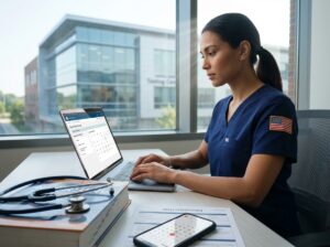 Nurse in scrubs checking Pearson VUE style exam scheduling on a laptop with stethoscope, textbooks and circled calendar dates nearby