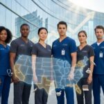 Diverse nurses in front of hospital with U.S. map highlighting top paying states and certification icons