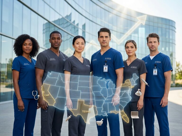 Diverse nurses in front of hospital with U.S. map highlighting top paying states and certification icons