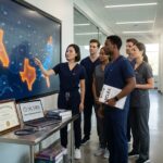 Group of nurses reviewing a digital US map showing Nurse Licensure Compact member states with NCLEX materials and certifications visible