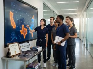 Group of nurses reviewing a digital US map showing Nurse Licensure Compact member states with NCLEX materials and certifications visible
