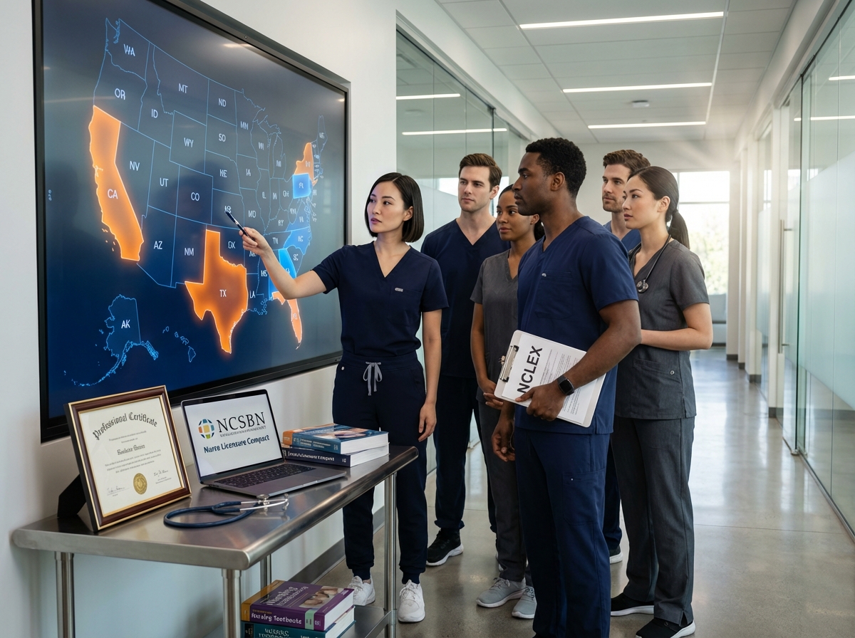 Group of nurses reviewing a digital US map showing Nurse Licensure Compact member states with NCLEX materials and certifications visible