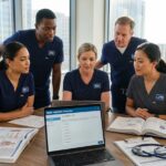 Diverse US nurses studying NGN case study on a laptop with textbooks and medication calculation sheets in a clinical setting