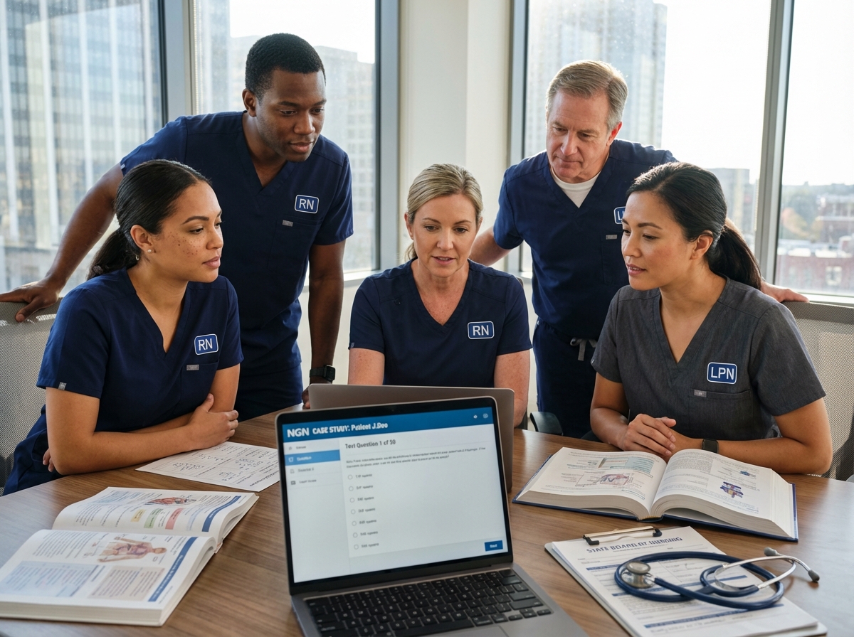 Diverse US nurses studying NGN case study on a laptop with textbooks and medication calculation sheets in a clinical setting