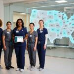 Diverse nurses in scrubs standing before a US map highlighting Nurse Licensure Compact member states with certification badges and a tablet displaying licensure information