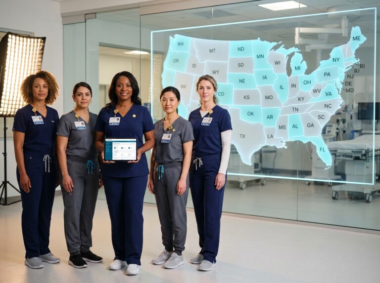 Diverse nurses in scrubs standing before a US map highlighting Nurse Licensure Compact member states with certification badges and a tablet displaying licensure information