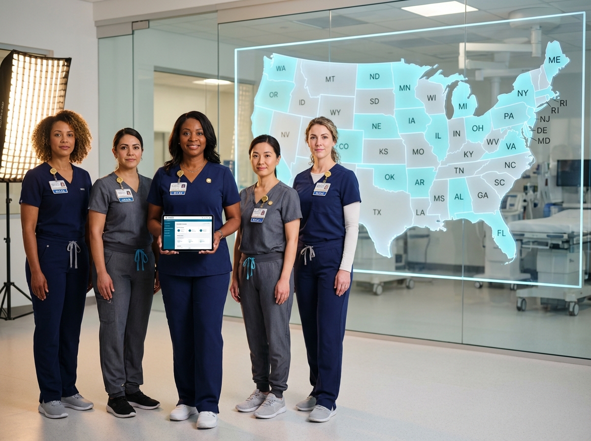 Diverse nurses in scrubs standing before a US map highlighting Nurse Licensure Compact member states with certification badges and a tablet displaying licensure information