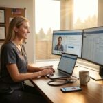 US nurse working from home on telehealth video call with laptop and dual monitors, stethoscope on desk and framed nursing certificates on the wall