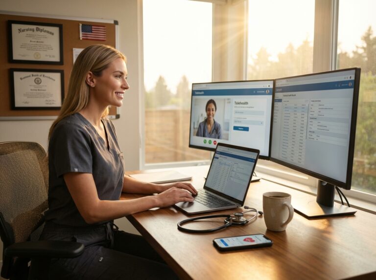 US nurse working from home on telehealth video call with laptop and dual monitors, stethoscope on desk and framed nursing certificates on the wall