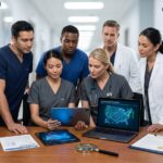 Diverse nurses checking digital license verification dashboard with US map, NCLEX card and clipboard in hospital setting