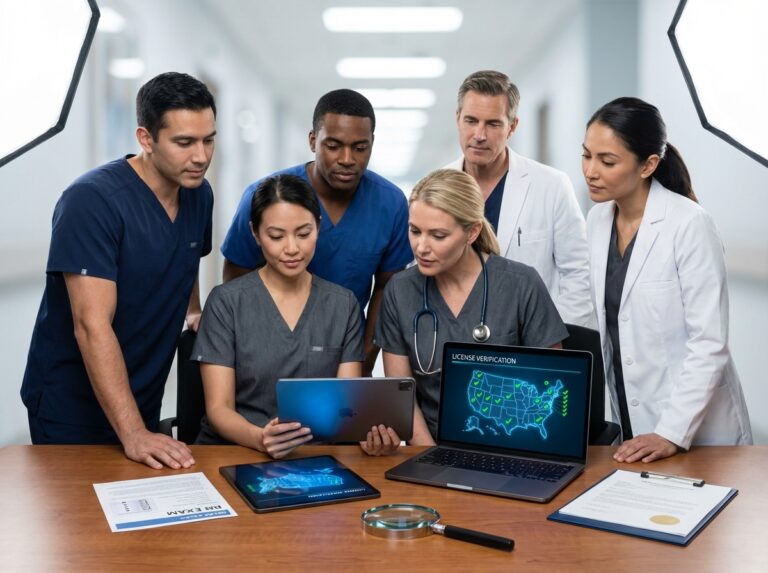 Diverse nurses checking digital license verification dashboard with US map, NCLEX card and clipboard in hospital setting