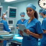 CRNA in scrubs beside anesthesia machine with textbooks and OR team preparing a case in a modern US hospital operating room
