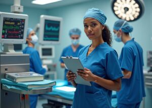 CRNA in scrubs beside anesthesia machine with textbooks and OR team preparing a case in a modern US hospital operating room