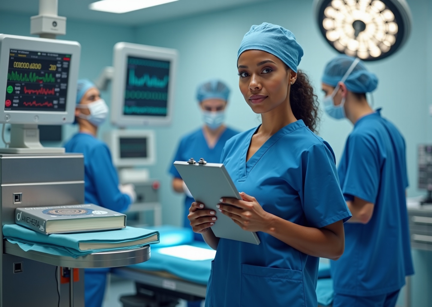 CRNA in scrubs beside anesthesia machine with textbooks and OR team preparing a case in a modern US hospital operating room