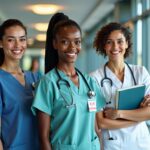 Three diverse nurses in a U.S. hospital corridor representing LPN RN and BSN with badges, stethoscope and a diploma