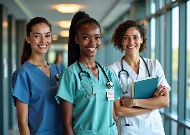 Three diverse nurses in a U.S. hospital corridor representing LPN RN and BSN with badges, stethoscope and a diploma