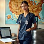 Travel nurse in scrubs with suitcase, contract and certification documents on a table, U.S. map with pins in background