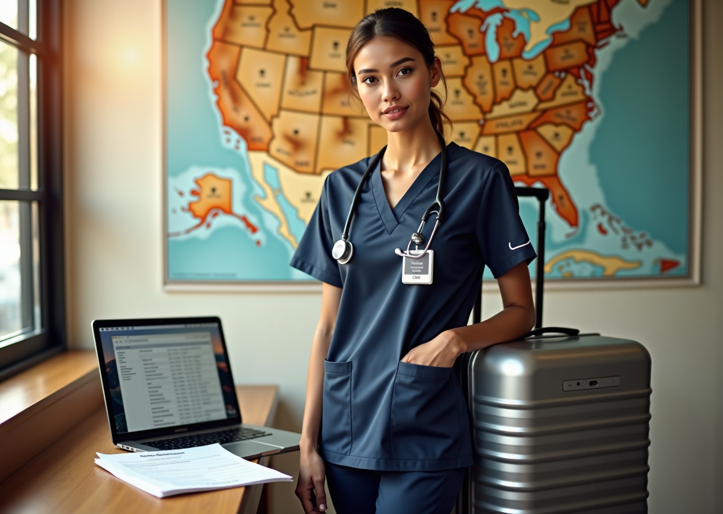 Travel nurse in scrubs with suitcase, contract and certification documents on a table, U.S. map with pins in background