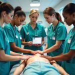 Diverse nurses practicing ACLS and PALS on adult and pediatric mannequins in a simulation lab with an instructor and visible digital certification card