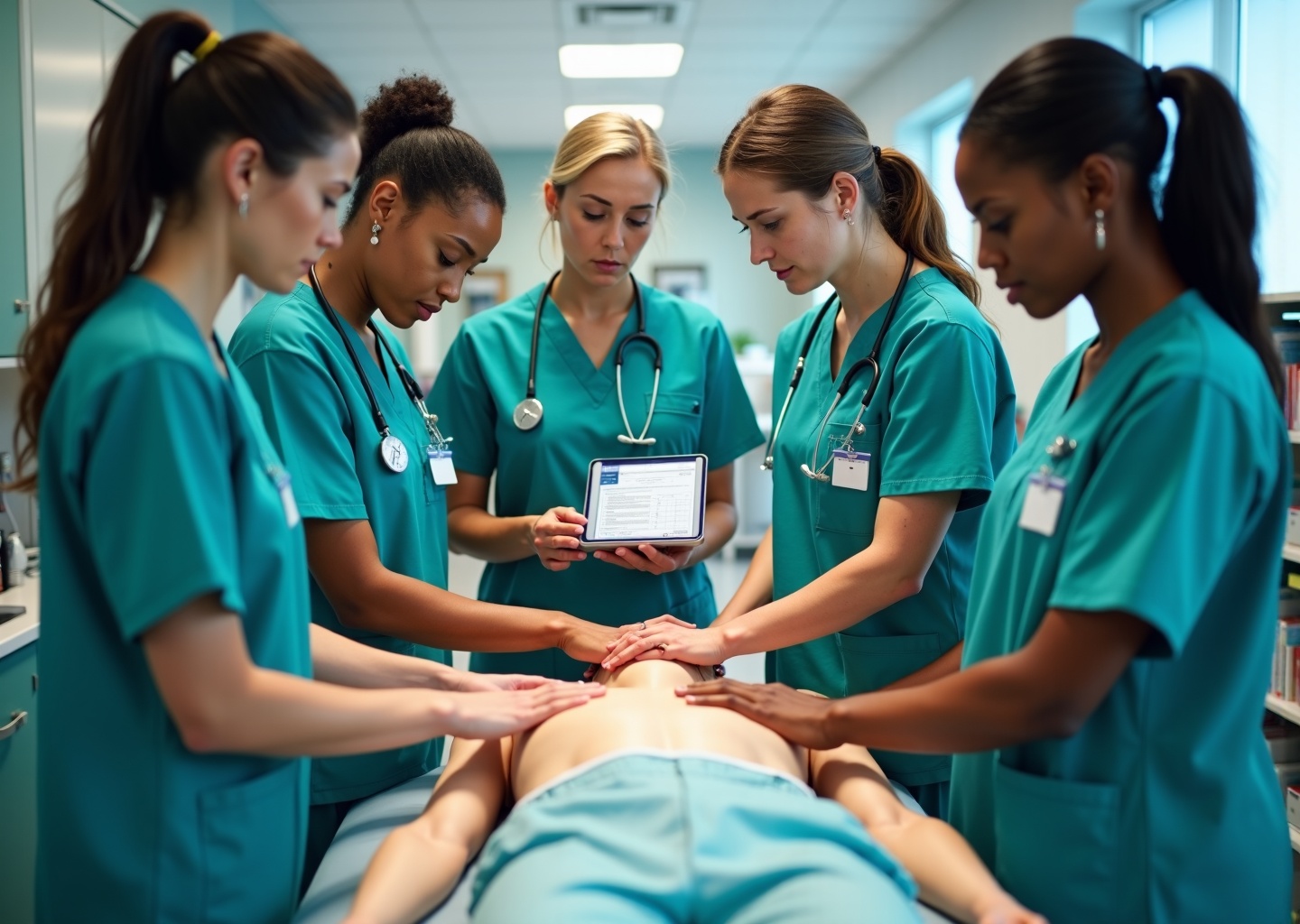 Diverse nurses practicing ACLS and PALS on adult and pediatric mannequins in a simulation lab with an instructor and visible digital certification card