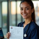 Multicultural nurse holding a California nursing license and NCLEX materials with fingerprint scanner and California map in the background
