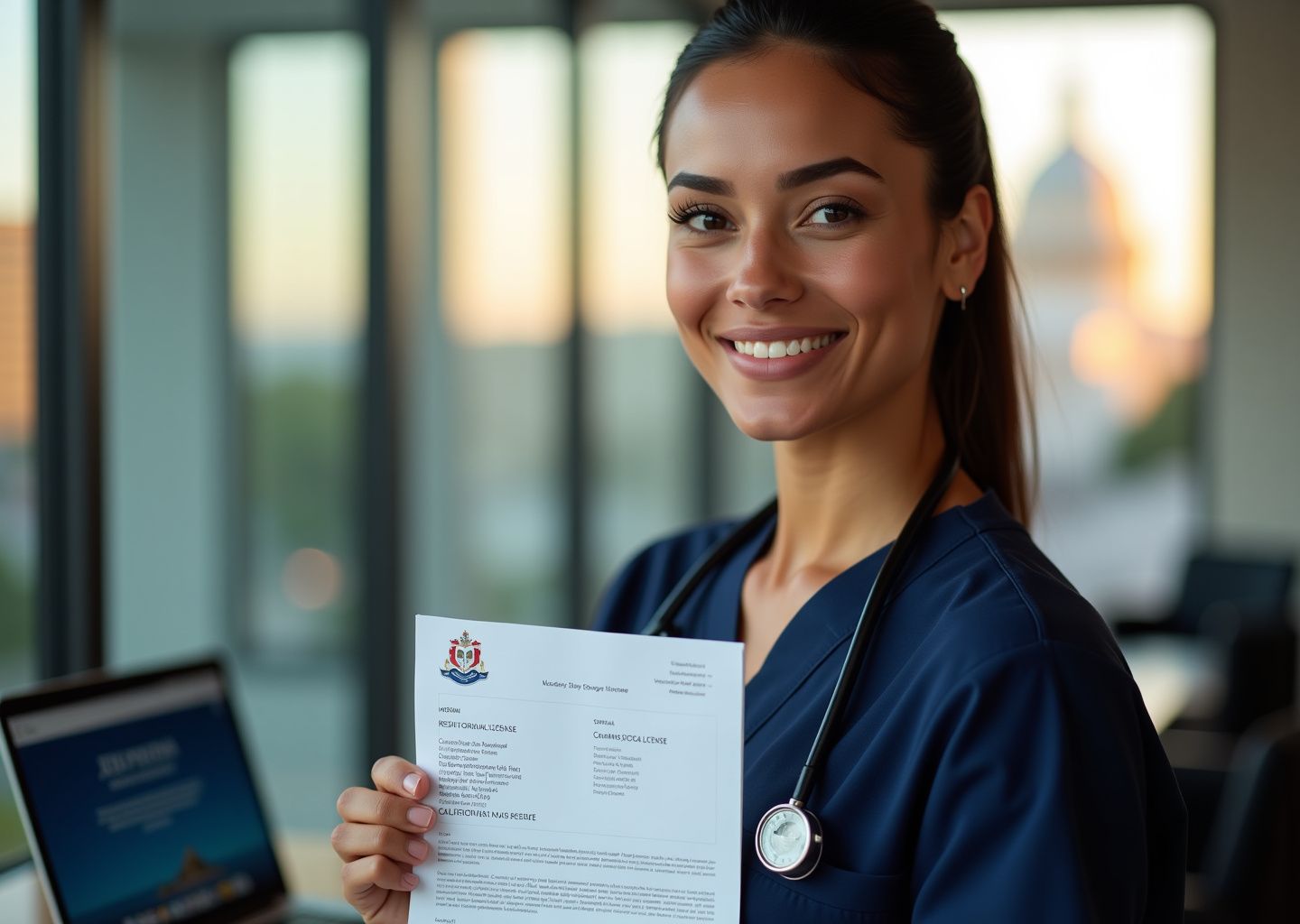 Multicultural nurse holding a California nursing license and NCLEX materials with fingerprint scanner and California map in the background