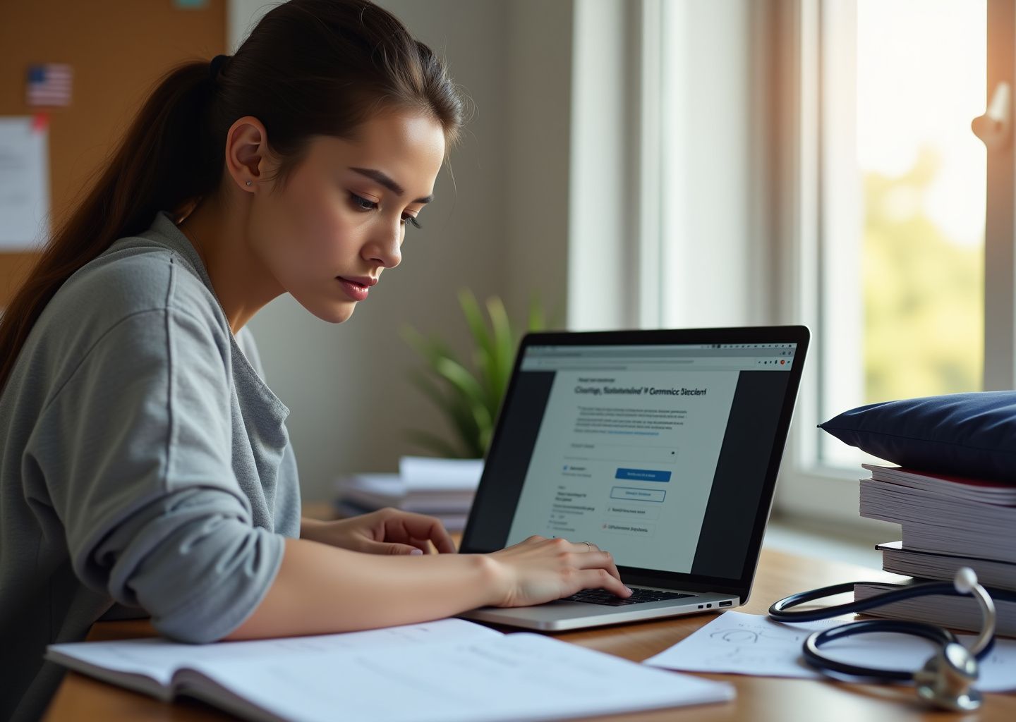 Nursing student studying NCLEX with laptop showing UWorld, Kaplan book, flashcards and stethoscope on desk
