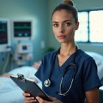 Critical care nurse at an ICU bedside with monitors, CCRN certificate on clipboard and textbooks, representing CRNA admissions requirements in the US