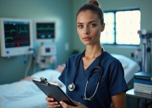 Critical care nurse at an ICU bedside with monitors, CCRN certificate on clipboard and textbooks, representing CRNA admissions requirements in the US
